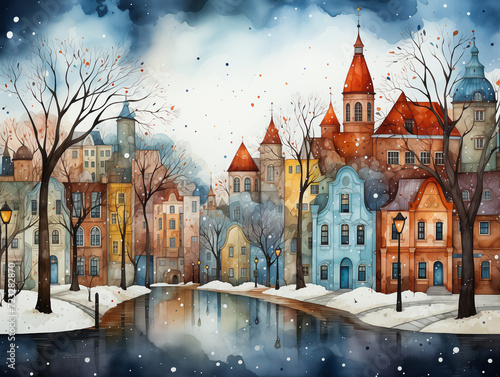 Street with houses in a watercolor style. AI photo