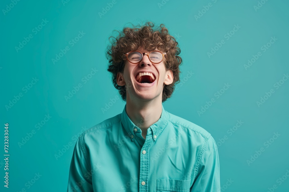 Joyful, Curlyhaired Young Man In Turquoise Shirt And Glasses Laughing Energetically Joyful, Curlyhaired Young Man In Turquoise Shirt And Glasses Laughing Energetically