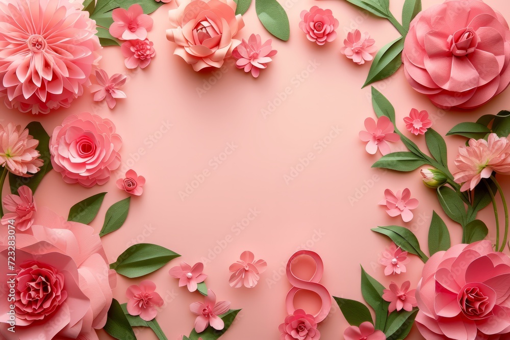 Symmetrical Greeting Card Featuring Pink Flowers And A Number Silhouette In Celebration Of International Women's Day