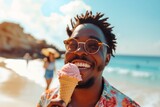 Joyful Black Man Savors Refreshing Ice Cream, Basking On The Sunny Beach