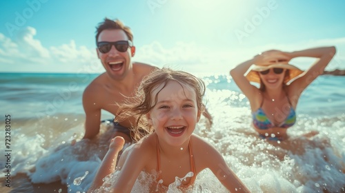 Happy family swimming in the sea with water splashing and laughing, family holiday in the water © Alina Zavhorodnii