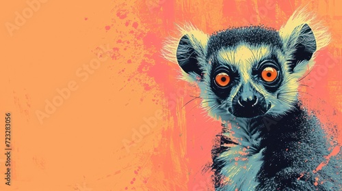  a close up of a small animal on a pink and orange background with a black and white animal on it's left side and orange eyes and a black and white animal on the right side of the other side of the.