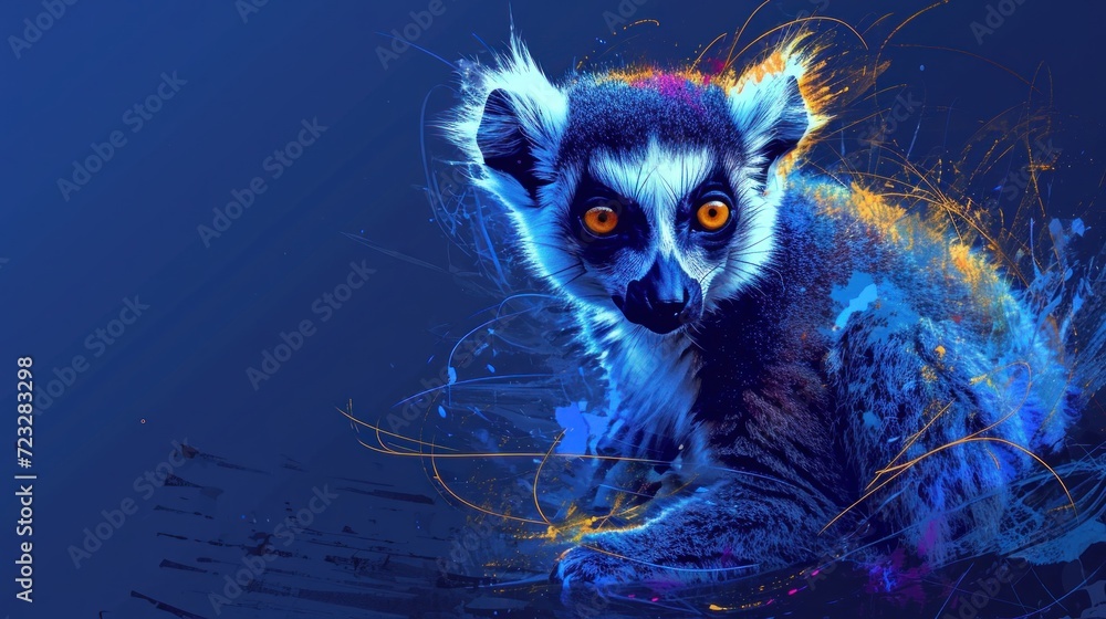 a close up of a lemura on a blue background with a blurry background and a blurry image of the face of a lemura in the foreground. a close up of a lemura on a blue background with a blurry background and a blurry image of the face of a lemura in the foreground.
