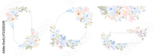 Watercolor light pink and blue floral borders, wreaths, bouquets. Dusty, soft blush flowers PNG. spring and summer pastel  floral clipart. wedding stationary, greetings, fashion, background