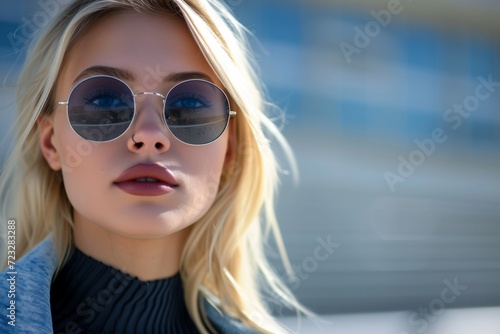 Symmetrical Urban Snapshot: Trendy Blonde Girl With Minimalist Street Style In A Centered Composition With Copy Space