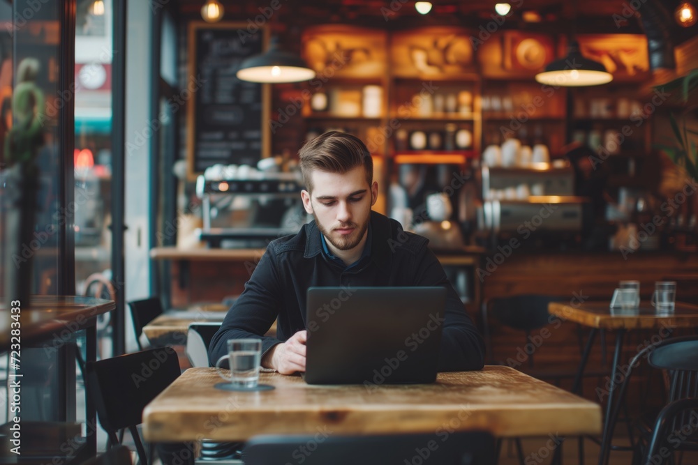 Driven, Energetic Businessman Immersed In Work At A Café - Striking Symmetrical Photo With Perfect Centering And Room For Copy Driven, Energetic Businessman Immersed In Work At A Café - Striking Symmetrical Photo With Perfect Centering And Room For Copy