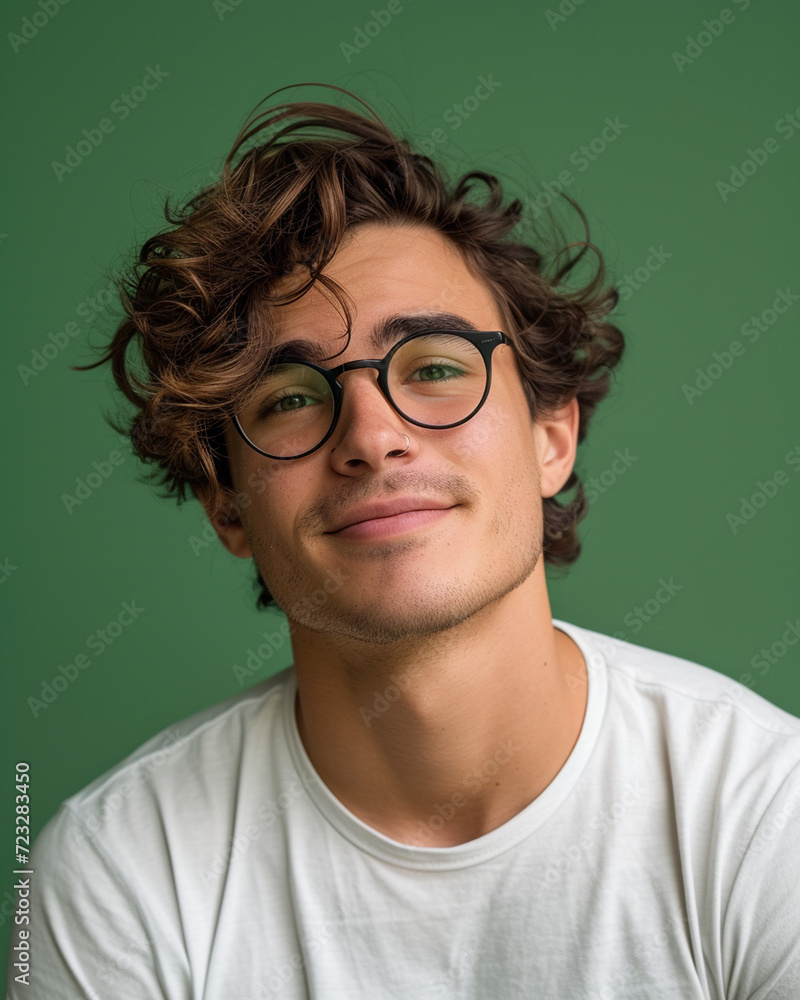 Confident young man with stylish glasses, smiling in casual attire on green background Confident young man with stylish glasses, smiling in casual attire on green background