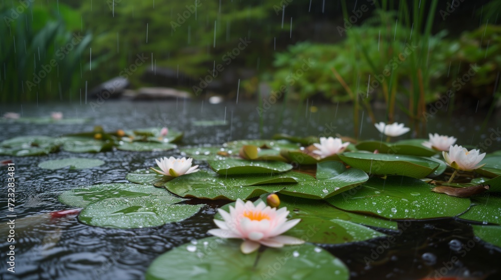 White lilies and water lilies on the water with rain splashes and coloured carp swimming under the water, beautiful nature White lilies and water lilies on the water with rain splashes and coloured carp swimming under the water, beautiful nature