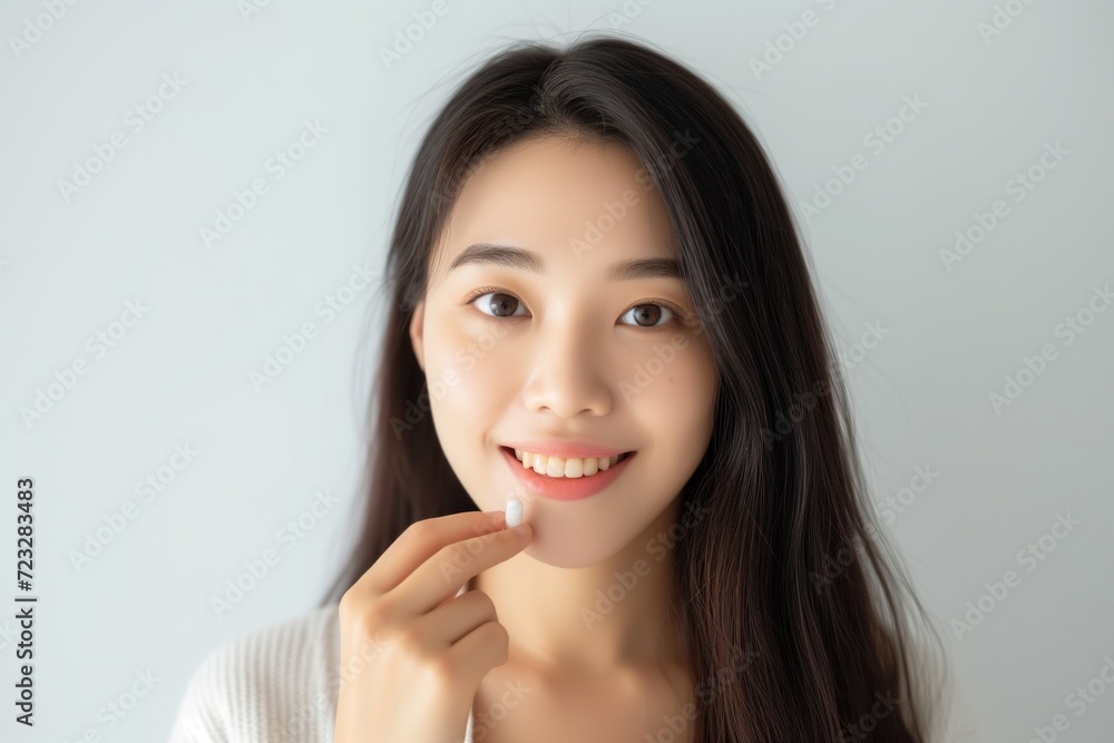 Promoting The Use Of Supplements For Health And Beauty: Perfect Symmetrical Photo Featuring An Asian Woman Holding A Pill, Centered With Copy Space Promoting The Use Of Supplements For Health And Beauty: Perfect Symmetrical Photo Featuring An Asian Woman Holding A Pill, Centered With Copy Space