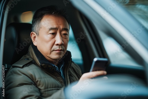 Asian Man Sitting In Car With The Door Open, Using Cellphone