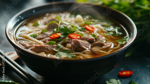 A steaming bowl of Pho with tender beef rice noodles and aromatic herbs in a rich broth. photo