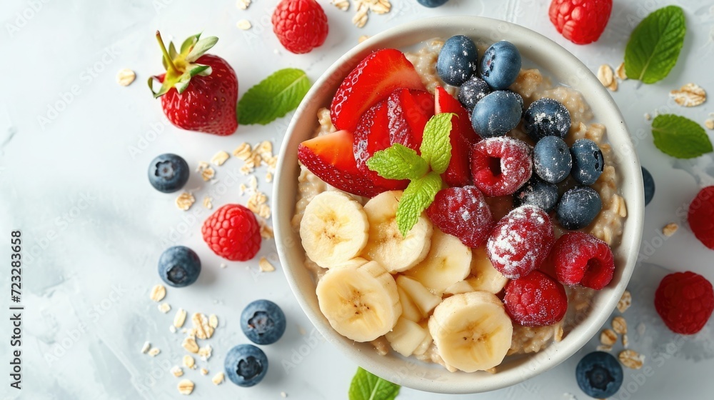 healthy breakfast setup with oatmeal and fruits on a white backdrop, focus on nutrition and wellness healthy breakfast setup with oatmeal and fruits on a white backdrop, focus on nutrition and wellness