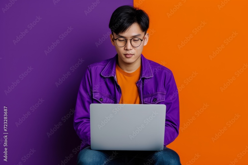 Focused Asian Man Working On Laptop Against Vibrant Purple Background: Perfectly Symmetrical And Captivating Photo With Ample Copy Space Focused Asian Man Working On Laptop Against Vibrant Purple Background: Perfectly Symmetrical And Captivating Photo With Ample Copy Space