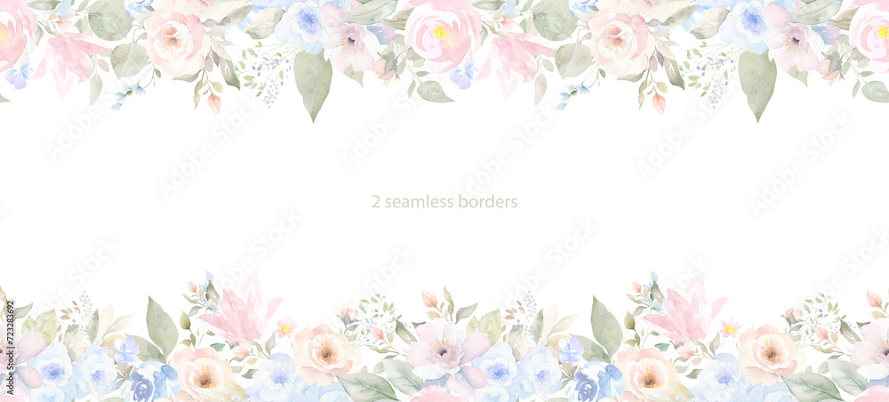 Watercolor light pink and blue floral borders, wreaths, bouquets. Dusty, soft blush flowers PNG. spring and summer pastel  floral clipart. wedding stationary, greetings, fashion, background