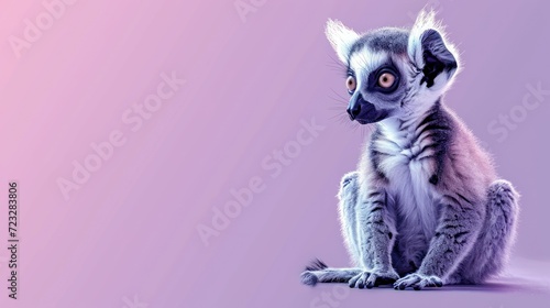  a close up of a lemura sitting on a purple background with a blurry image of the lemura looking at the camera with a serious look on its face.