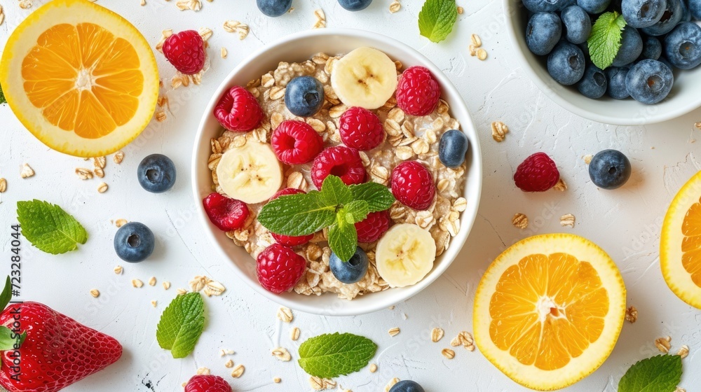 healthy breakfast setup with oatmeal and fruits on a white backdrop, focus on nutrition and wellness healthy breakfast setup with oatmeal and fruits on a white backdrop, focus on nutrition and wellness