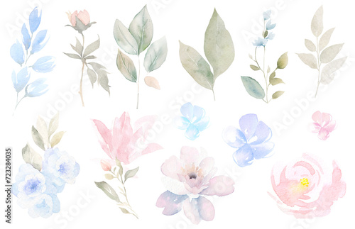 Watercolor light pink and blue floral borders  wreaths  bouquets. Dusty  soft blush flowers PNG. spring and summer pastel  floral clipart. wedding stationary  greetings  fashion  background