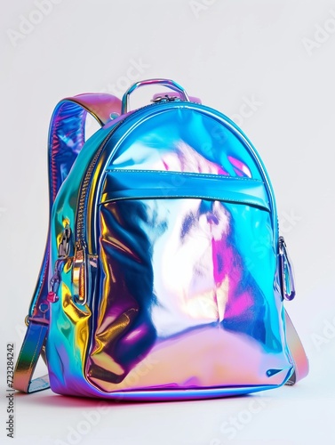 Holographic shiny backpack on white background