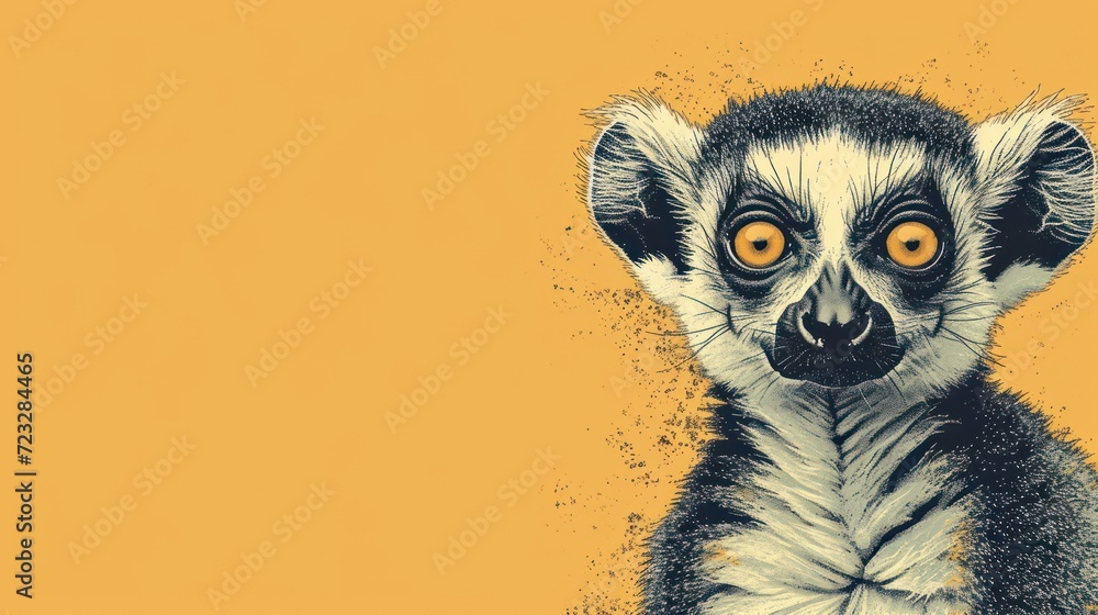  a close up of a lemura's face on a yellow background with a black and white stripe on the bottom of the image and a black stripe on the bottom of the bottom of the image.