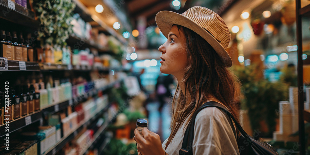 A stylish woman peruses a shelf of fashion accessories at an outdoor street shop, her sun hat adding a touch of elegance to the scene as she stands confidently among the bustling retail activity A stylish woman peruses a shelf of fashion accessories at an outdoor street shop, her sun hat adding a touch of elegance to the scene as she stands confidently among the bustling retail activity