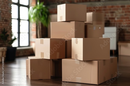 Classic cardboard boxes stacked in a room © LimeSky