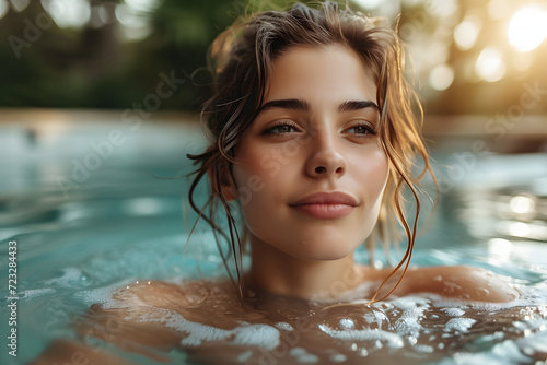 Serenity Oasis: Young Woman Basks in Outdoor Spa Pool Beauty