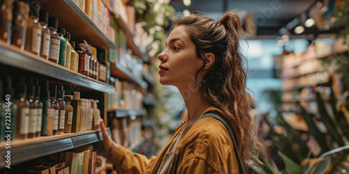 A woman stands in a public library, gazing at a bookcase filled with stories and possibilities, her face a reflection of wonder and curiosity photo