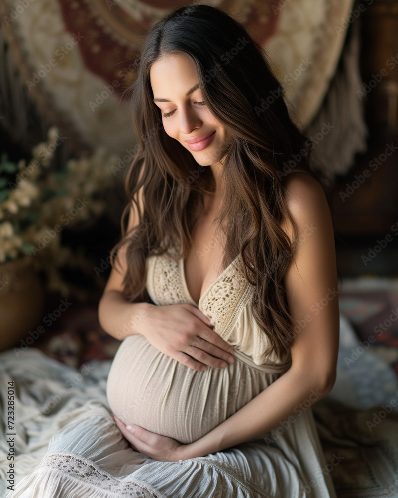 Beautiful pregnant woman sitting in a studio, gently hugging her baby bump with a radiant smile. Expecting mother embracing her pregnancy with joy and love