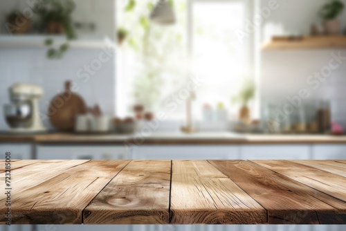 Clean and bright kitchen interior with a beautiful wooden table top and blurred bokeh background perfect for product montage