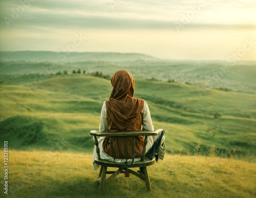 back side view, a muslim young girl is sitting alone on a chair on the hill