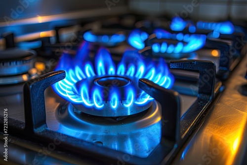 Blue kitchen gas stove flame in kitchen.