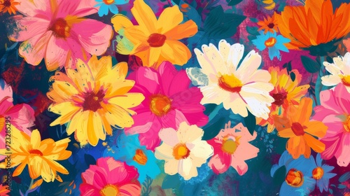 Colorful Flowers Painting on Blue Background