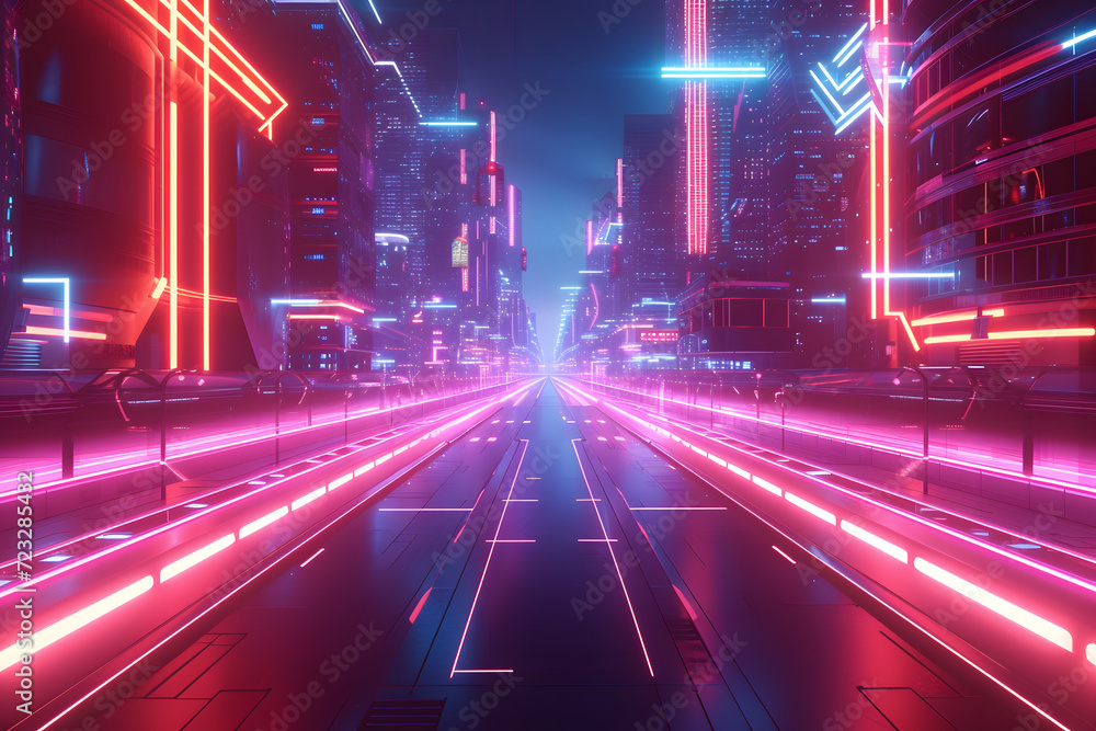 Obraz premium Neon Horizon: Wide-Angle Glimpse of Futuristic City Lights