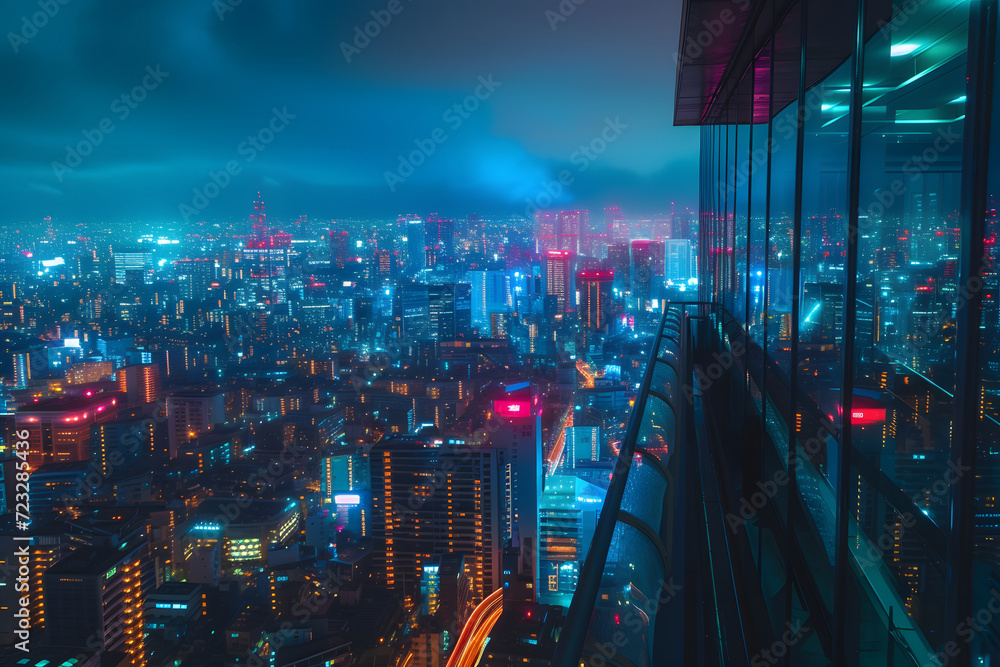 Neon Horizon: Wide-Angle Glimpse of Futuristic City Lights