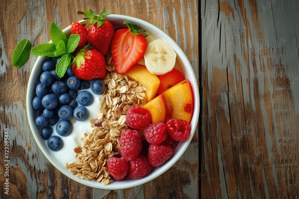 Healthy breakfast a bowl with fresh fruits and oats on wood top view. Healthy breakfast a bowl with fresh fruits and oats on wood top view.