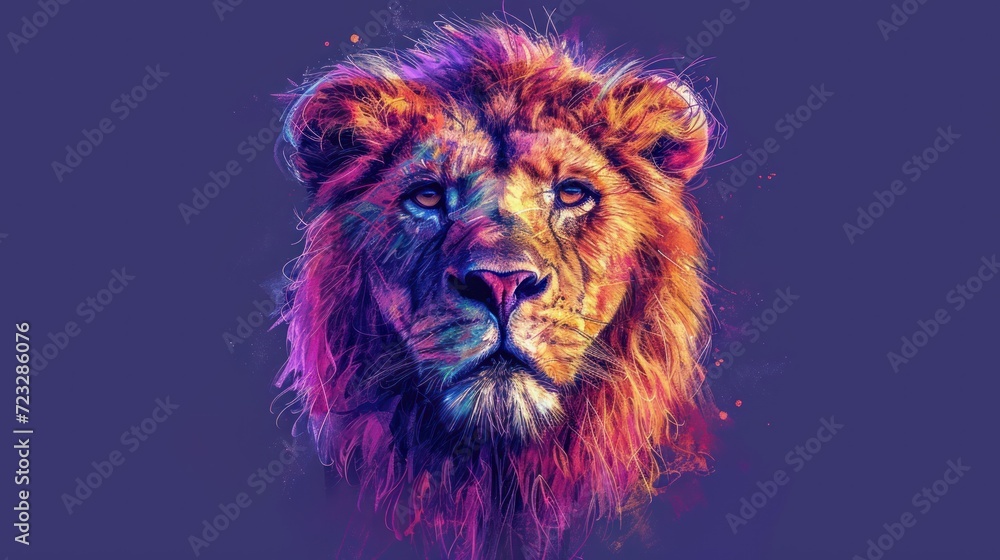  a close up of a lion's face on a purple background with the colors of the lion's head in the foreground and the image of the lion's head.
