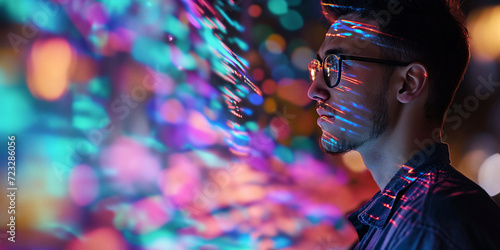 A man's face, framed by his glasses, is illuminated by the vibrant glow of colorful lights, creating a mesmerizing display of emotion and style photo