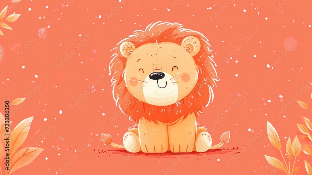 a cartoon lion sitting on the ground with snow falling down on it's face and a red background with leaves and snowflakes on it's edges. a cartoon lion sitting on the ground with snow falling down on it's face and a red background with leaves and snowflakes on it's edges.