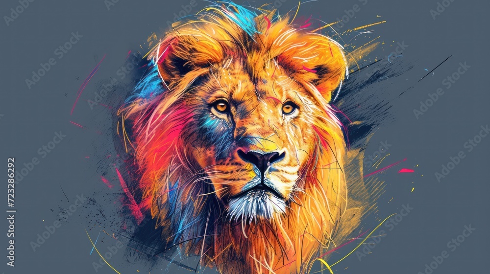  a close up of a lion's face with multicolored paint splatches on it's face and a black background with a blue sky in the background.