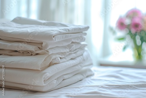 Clean bed sheets stacked on table