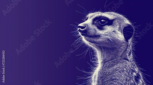  a close - up of a meerkat's face on a purple background with a blurry image of the meerkat's tail and the meerkat's head.