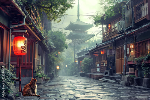Japanese street with a temple and a cat sitting on a wall