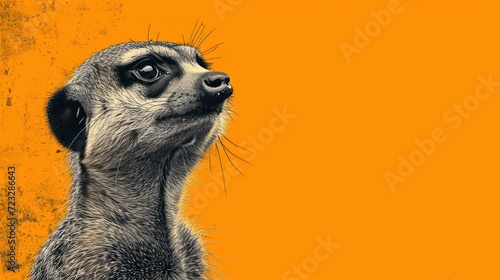  a close - up of a meerkat's face on a yellow background with the meerkat's tail sticking out of it's head.