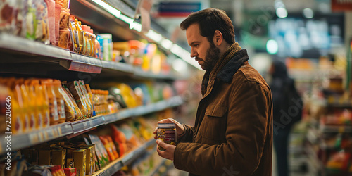 A curious customer gazes at a jar of delectable goods, surrounded by a bustling scene of retail and convenience in the supermarket marketplace