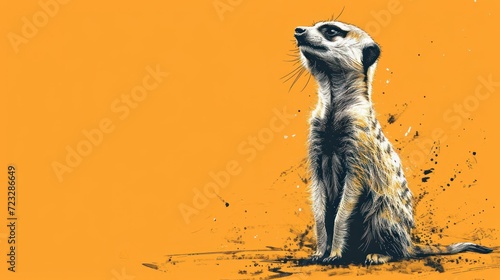  a painting of a meerkat looking up at something on a yellow background with black and white paint splatters on the bottom of the image