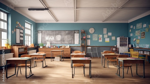 School classroom with chairsdesks and chalkboard