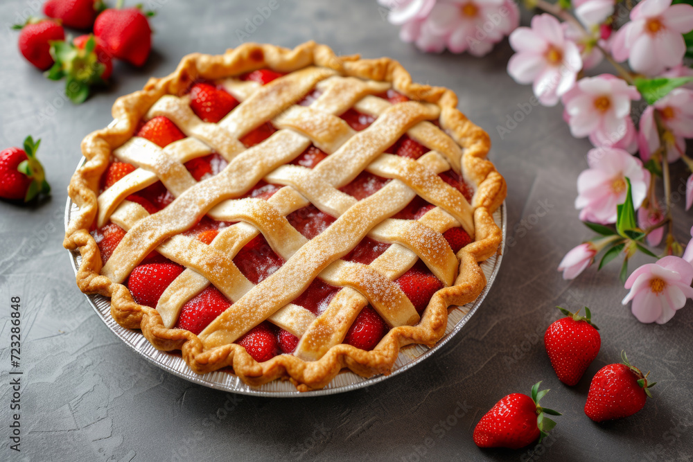 Classic baked strawberry pie with a lattice crust. Generative AI - obrazy, fototapety, plakaty 