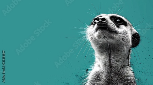 a black and white photo of a meerkat looking up into the sky with its eyes wide open and it's nose to the left of the meerkat. © Nadia