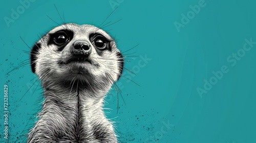  a close up of a meerkat's face on a teal background with the meerkat's eyes wide open and the meerkat is looking up. © Nadia