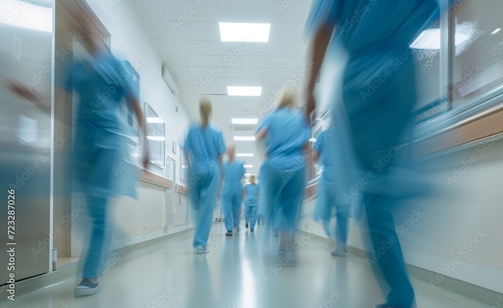 Medical staff in blue suits and walking down the corridor, blurred by the motion, bustle of the hospital